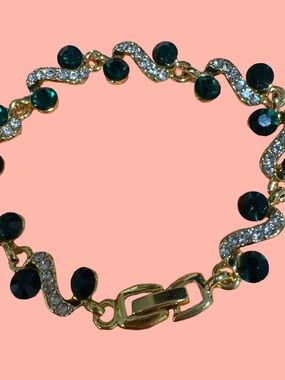 Gold-Tone Bracelet with Emerald Green Stones and Clear Crystal Accents